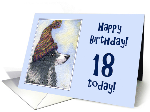 Happy Birthday, 18 today, border collie dog in bobble hat card