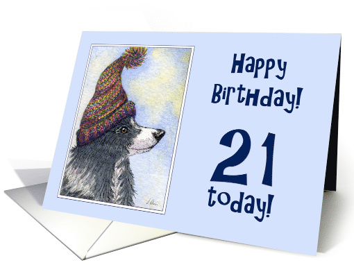 Happy Birthday, 21 today, border collie dog in bobble hat card