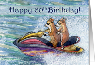 Happy 60th Birthday, corgi dogs on a speedboat, card