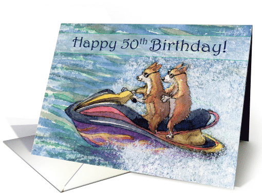 Happy 50th Birthday, corgi dogs on a speedboat, card (1510252)