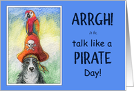 Talk like a Pirate Day! Border collie dog and parrot, card