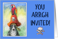 Pirate party invitation, Border collie dog and parrot, card