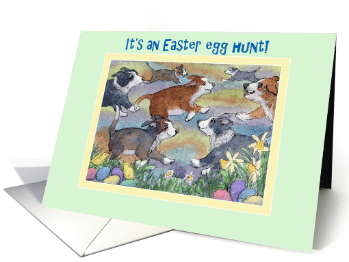 Easter egg hunt party invitation, border collie dogs at Easter card