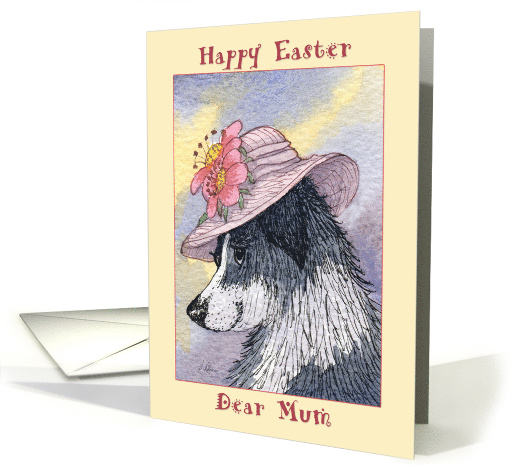 Happy Easter Mum, border collie dog in flowery hat card (1515996)
