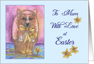 Easter card with love, Mum, Corgi dog and Easter basket card