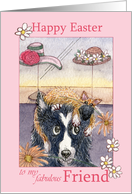 Happy Easter Friend, border collie dog in cat bonnet card