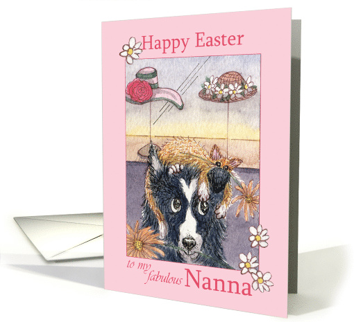 Happy Easter Nanna, border collie dog in cat bonnet card (1516370)