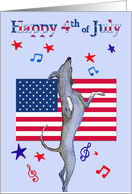 Happy 4th July, dancing greyhound dog & American flag card