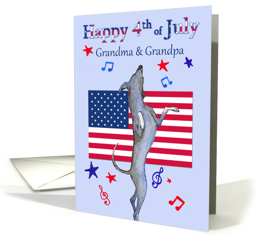 Happy 4th July, Grandma & Grandpa, greyhound dog & American flag card