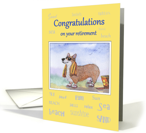 Congratulations on your retirement, corgi dog on the beach card