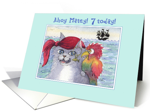 Happy 7th Birthday, Pirate cat with parrot card (1519142)