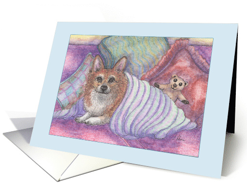 Welsh corgi dog & teddy bear, blank card, any occasion card (1520260)