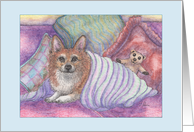 Welsh corgi dog & teddy bear, blank card, any occasion card