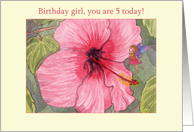 Birthday girl, 5th birthday, fairy card, hibiscus flower & fairy card