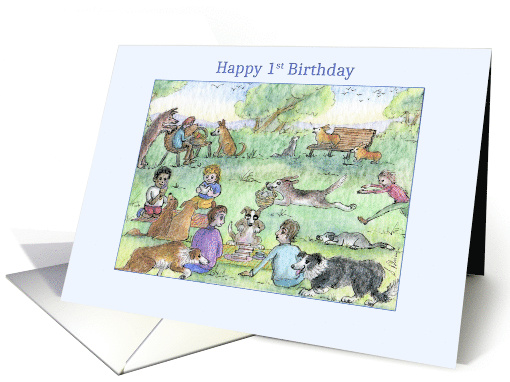 Happy 1st Birthday, dogs playing in the park with their owners, card