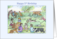 Happy 5th Birthday, dogs playing in the park with their owners, card