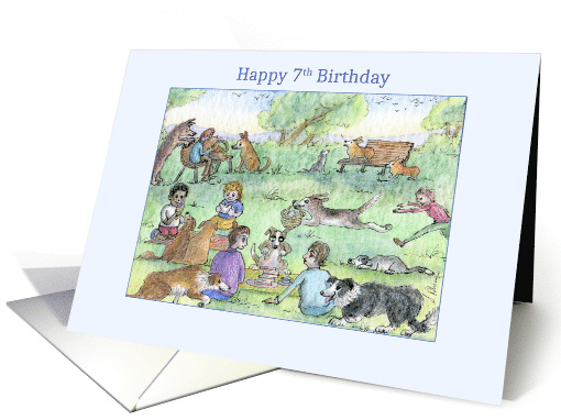 Happy 7th Birthday, dogs playing in the park with their owners, card