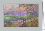 Border Collie dog, peaceful evening scene, blank, card