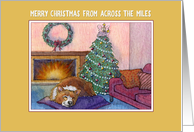 Merry Christmas from across the miles, corgi dog by the fire card