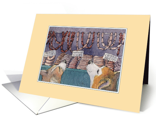 Corgi dogs shopping for sausages, blank card (1538230)