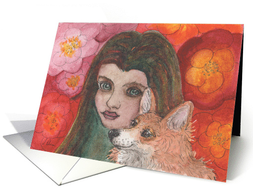 Young Girl with Corgi Dog Friend, Blank card (1551746)