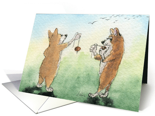 Corgi Dog Friends Playing Conkers, Blank card (1556138)