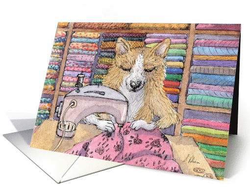 Corgi Dog, Sewing a Quilt, Blank card (1564418)