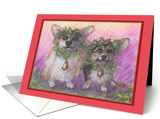 Welsh corgi dog with festive headbands and garlands for Christmas card