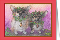Welsh corgi dog with festive headbands and garlands for Christmas card