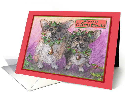 Welsh corgi dog with festive wreaths and garlands Merry Christmas card