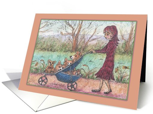 Woman takes corgi dog and pups for a walk in a pushchair card