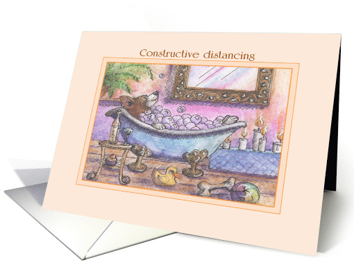 Welsh Corgi Dog is Relaxing in a Bubble Bath during the Pandemic card