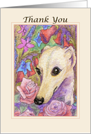 Whippet Dog amongst Flowers on Cream background saying Thank You card