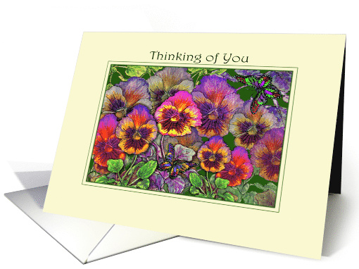 Butterflies Hovering over Posy of Pansies, Thinking of You card