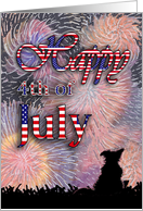Happy 4th of July, Stars and Stripes against Firework Sky with Dog card