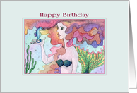 A Mermaid and her Friend Seahorse are having a Chat, Happy Birthday card