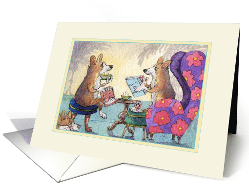 Welsh Corgi Dogs Chat and Drink Tea at Book Club, Blank card (1629614)