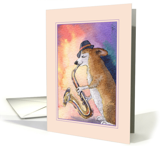 Pembroke Welsh Corgi Dog Jazz Musician Playing Saxophone, Blank card