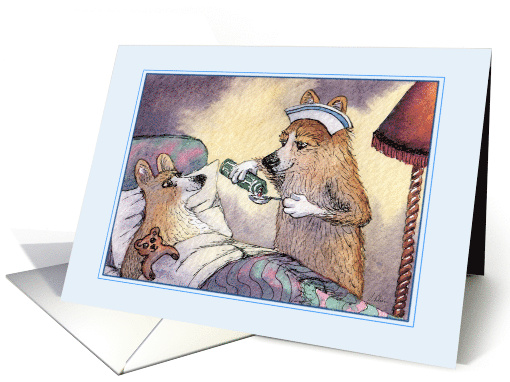 Corgi Dog Nurse giving Medication to Corgi Patient, Blank card