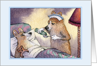 Corgi Dog Nurse giving Medication to Corgi Patient, Blank card
