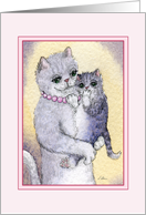 A Silver Tabby Mother Cat Comforts her Shy Kitten, Blank card