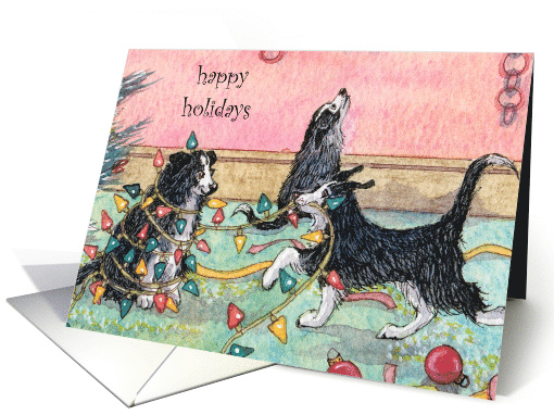 Happy holidays, dog help with tree lights, christmas card (315966)