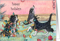 Happy holidays, dog help with tree lights, christmas card