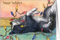 Happy holidays, dog help with tree lights, christmas card