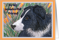 Blank paper greeting card notecard to my friend dog border collie flower card
