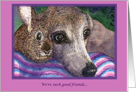 Greeting card, friend, dog, whippet, greyhound, rabbit, card