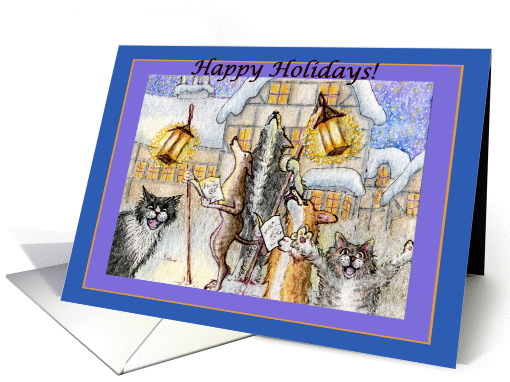 Happy Holidays, dogs and cats, singing carols, card (518927)