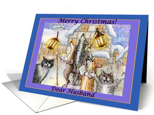 season's greetings, dogs and cats, singing carols, husband, card