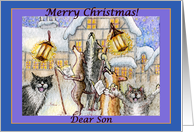 merry christmas, dogs and cats, singing carols, son, card