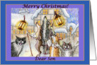 merry christmas, dogs and cats, singing carols, son, card